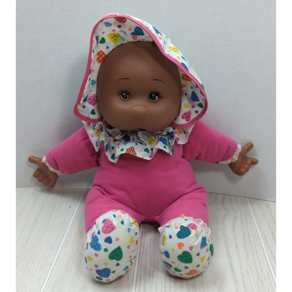 Goldberger vintage 90s Plush Baby doll Pink heart bonnet feet AA thumb sucking